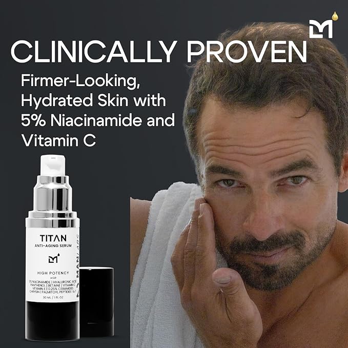 Titan Anti-Aging Face Serum for Men – Reduces Appearance of Fine Lines, Dark Spots & Wrinkles – Hydrates Dry and Rough Skin – 5% Niacinamide, Vitamin C, Hyaluronic Acid – Unscented, 1 Fl Oz