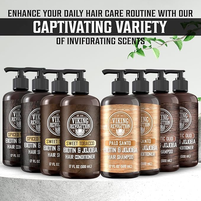 Viking Revolution Palo Santo Mens Shampoo and Conditioner Set with Biotin and Jojoba Oil - Natural Hair Shampoo and Hair Conditioner for Men with Vitamin B5 - Shampoo and Conditioner Set Men (17Oz)