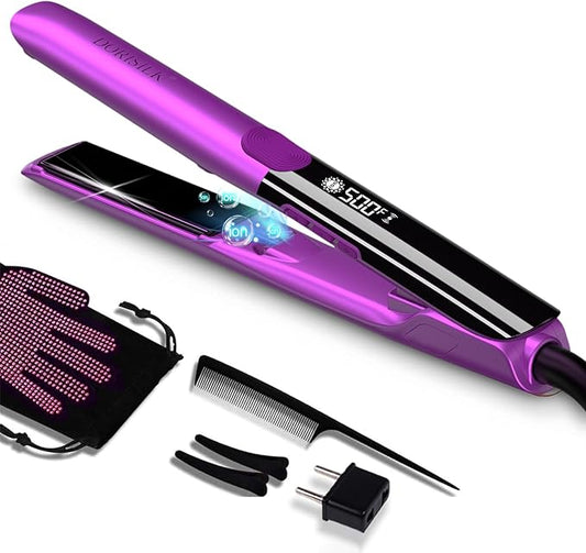 DORISILK 500 Degree High Temp Professional Hair Straightener，15s Fast Heating Ceramic Flat Iron ，2 in 1 Hair Straightener and Curler，Plasma Flat Iron Get Frizz-Free ，Dual Voltage for Travel Purlpe
