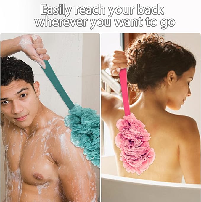 4Pack Back Scrubber for Shower, Evmliy Loofah Sponge Brush Exfoliating Body, Long Handle Scrub Brush for Shower with Loofah on a Stick for Back Use, Bathing Accessories Body Brushes (4Pack)
