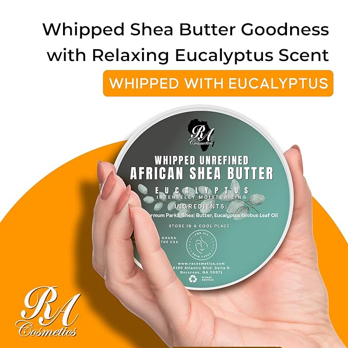 RA COSMETICS Whipped Shea Butter Eucalyptus – 12oz | 100% Pure and Natural African Shea Butter for Men & Women Ultimate Handcrafted Moisturizer with Essential Vitamins for Radiant Skin & Luscious Hai
