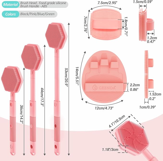 Silicone Back/Face Scrubber & Bath Glove Set 3PCS, Extendable Back Scrubber with Dual-Side Large Head, 360° Anti-Slip Bath Glove, Unique Side-Bristle Face Scrubber for All-Round Cleaning(Pink)