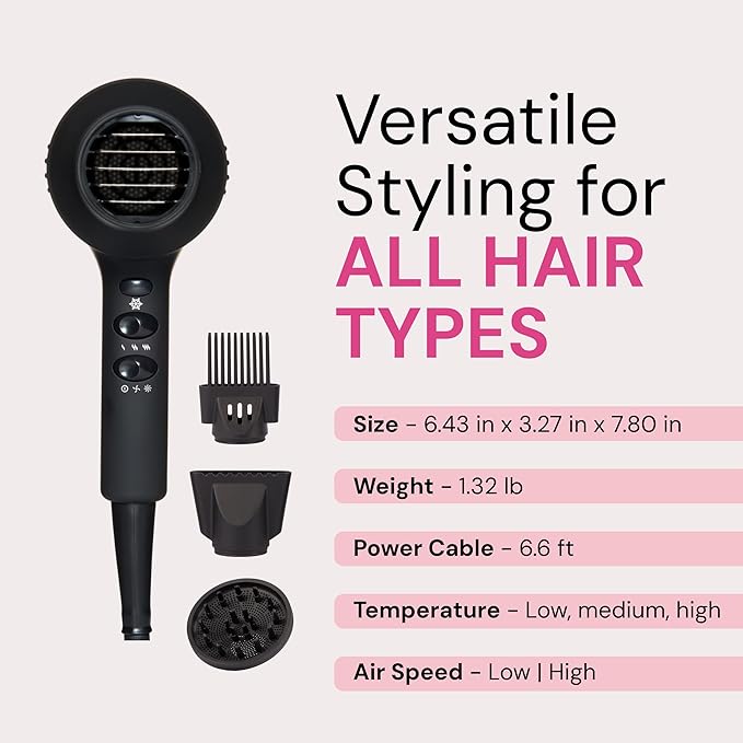 L'ANGE HAIR PowerStyle Ionic Turbo Hair Dryer | 1875W Fast Drying & Precision Styling for Long-Lasting, Frizz-Free Looks | Advanced Ionic Technology Smooths & Shines Hair (Black)