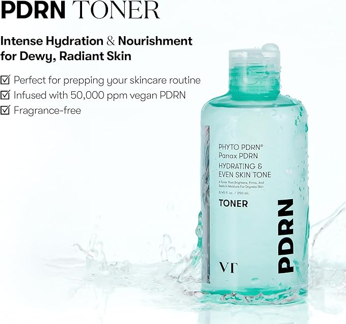 VT COSMETICS PDRN Toner, Hydrating Facial Toner with 50,000ppm Vegan PDRN, Korean Wild Ginseng, Niacinamide & Panthenol, Lightweight, Fragrance-Free, Skin Soothing, Korean Skincare (8.45 fl. oz.)