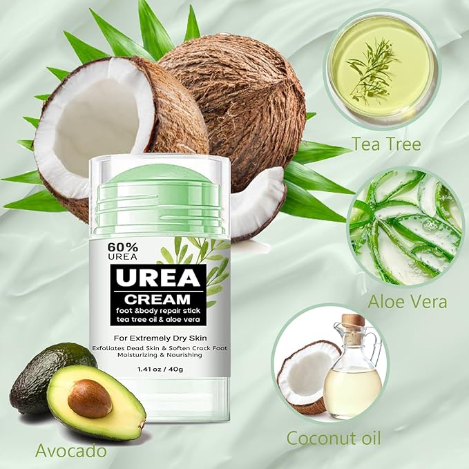 60% Urea Cream Stick with Tea Tree Oil & Aloe Vera, Maximum Strength Foot Cream for Dry Cracked Heels, Feet Callus Remover, Dead Skin Exfoliator, Moisturizing Lotion for Hands, Knees, Elbows - 1.41oz