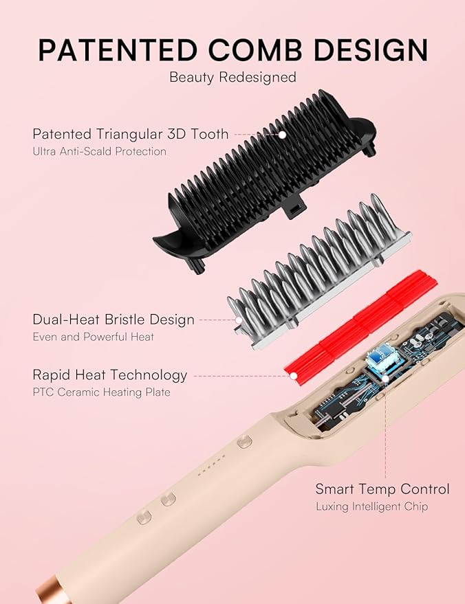 Hair Straightener Brush, Luxing PuraLux Straightener Comb, Fast Heating Hair Straightening Comb, 5 Temp Settings & Anti-Scald with Ceramic Coating, Professional Styling Tools (Cream)