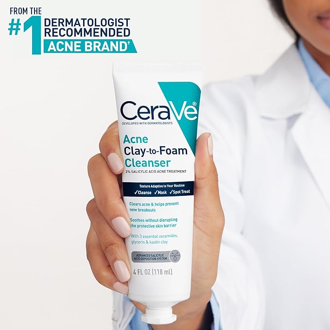 CeraVe Clay To Foam Acne Face Wash, Multi-Use Salicylic Acid & Kaolin Clay Acne Spot Treatment Clears Pimples & Blackheads, Prevents Breakouts, Hydrates & Soothes, Fragrance-Free, Non-Comedogenic, 4oz