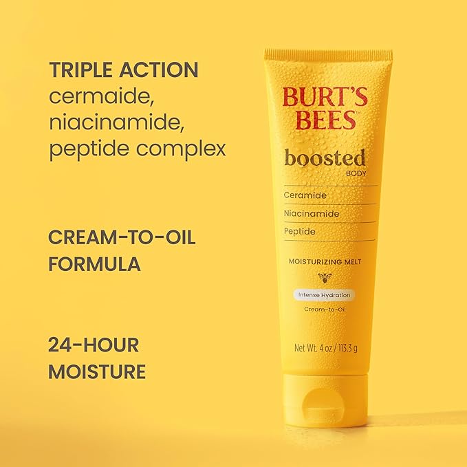 Burt's Bees Christmas Gifts, Boosted Body Moisturizing Melt With a Ceramide, Niacinamide and Peptide Complex, Intense Skin Hydration, Cream-to-Oil Body Lotion, Tropical Scented, 4 oz. Tube