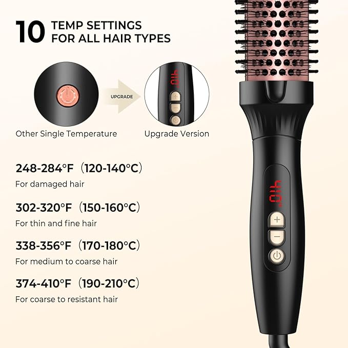 1.5 in Thermal Brush, Curling Iron Heated Round Curling Volumizing, The Ceramic Barrel Heats up 30S, LCD Display 10 Temperatures frizz-Free Curls The Ionic