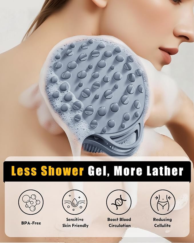 2 in 1 Silicone Body Scrubber, Anti Cellulite Massage Scrubber, Exfoliating Shower Brush for Men & Women, Removes Dead Skin, Reduces Cellulite, Improves Circulation, Fast Dry, Non Slip (1PC, Grey)
