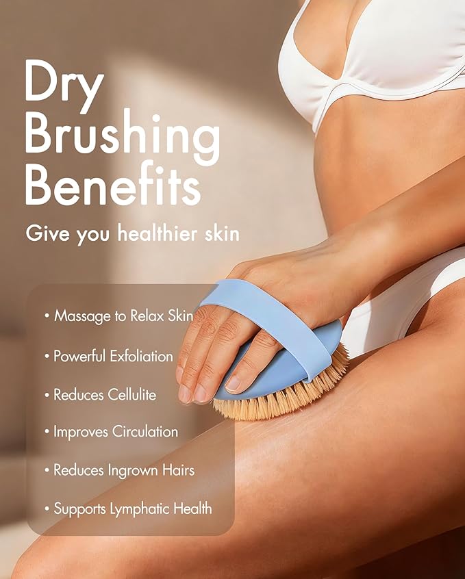 Dry Brushing Body Brush for Massage - Natural Boar Bristle Exfoliating Brush with Massage Nodes for Lymphatic Drainage, Cellulite, Blood Circulation Improving Skin Health for Women Men Elderly(Blue)