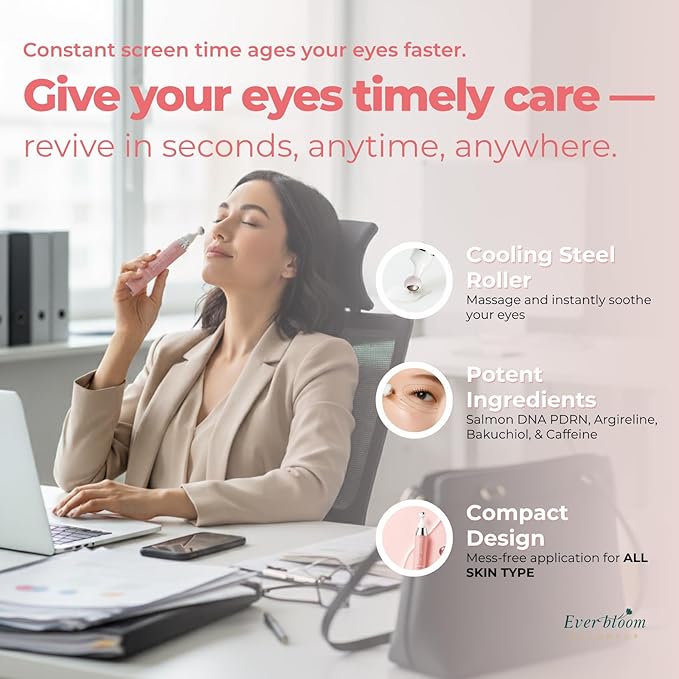 Salmon DNA PDRN Eye Serum Roller with Bakuchiol, Argireline Peptide, Caffeine for Fine Lines, Puffiness, Refreshing Care for Tired Eyes, Puffiness & Hydration, Gentle Korean Eye Treatment 0.5 fl. oz