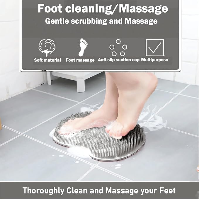 Shower Foot and Back Scrubber Mat,Wall Mounted Shower Foot Scrubber with Suction Cups,Exfoliating Silicone Massage Foot Cleaner for Shower(Grey&Blue)