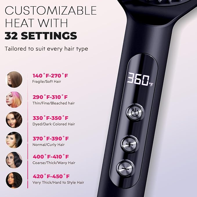 LANVIER Hair Straightener Brush, Ionic Straightening Brush with Infrared, Wide Plate Heated Smoothing Comb with Negative Ions, 32 Temps, Dual Voltage, Flat Iron Comb Styler for All Hair Type