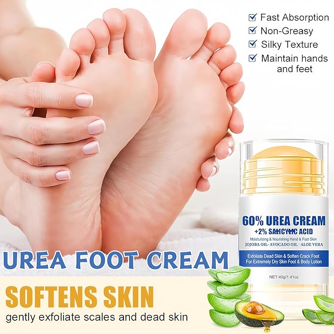 2PCS Foot Cream Set – 60% Urea Foot Cream & Peach Scent Heel Balm Stick – Exfoliating & Moisturizing Foot Care Duo for Dry Cracked Heels & Feet, 1.41oz Each