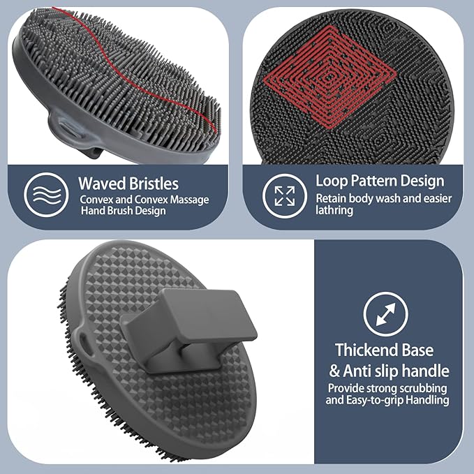 Silicone Body Scrubber-Silicone Shower Brush for Gentle Exfoliating & Lathering with Body Scrub & Wash, Durable & Hygienic, Deep Cleansing Exfoliator for All Skin Types - Shower Essential(1Pack.Grey)
