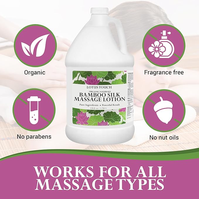 Organic Naturals Bamboo Silk Massage Lotion by Lotus Touch - 100% Pure Bamboo Silk Powder, Green Tea Extract & Aloe Vera - Unscented - Moisturizing, Fast Absorbing - Soft, Silky Glide - 1 Gallon