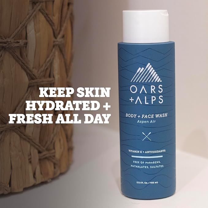 Oars + Alps Body and Face Wash for Men, Mens Body Wash & Face Cleanser with Vitamin E and Antioxidants, Moisturizing, Hydrating, Paraben & Sulfate Free Cleanser, Aspen Air, 3pk