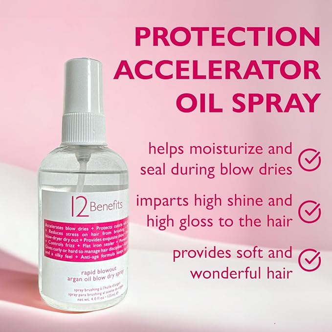 12 Benefits RAPID BLOWOUT ARGAN OIL SPRAY - Cut Blow Dry Time by 40% - Heat Protectant, Nourishes, Smooths Frizz, Adds Shine & Softens Damaged Hair, 4 Fl Oz