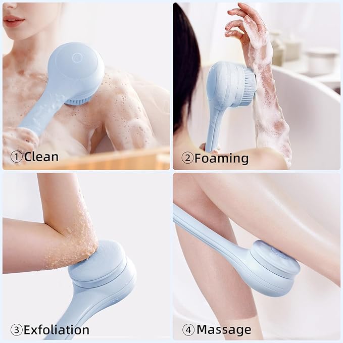 Electric Body Brush Back Scrubber for Shower, Waterproof Long Dual Handle Power Body Scrubber with 3 Heads, Rechargeable Bath Brush & 2 Speeds, for Cleansing, Exfoliating and Massaging Skin