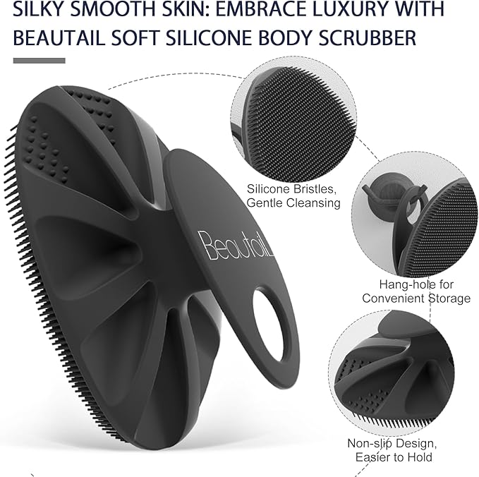 Silicone Body Scrubber Shower Bath Wash Brush Gentle Exfoliating Scrub Cleansing Loofah for Women Men Baby Sensitive Skin, Easy to Clean, Lather Nicely, More Hygienic, 1 Pack, Black
