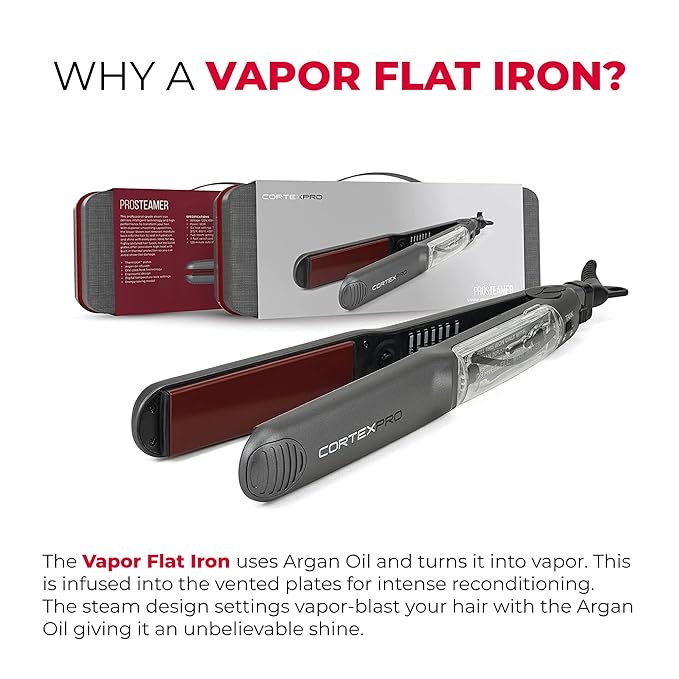 Cortex Professional Vapor Flat Iron - Vapor Mist Thermolon Ceramic Plates - Argan Infusion Steamliner - Professional Hair Straightener - with Argan Refill Bundle - 1.25’’ (Black)