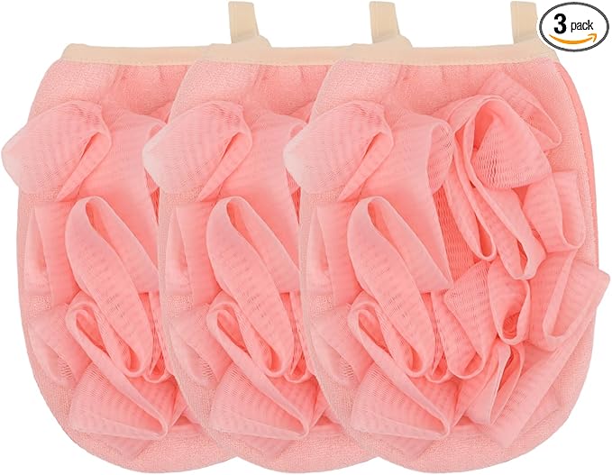 3 Pack Bath Loofah Body Sponge Brushes Loofah Exfoliating Glove Bath Shower Glove with Flower Bath Ball (Pink)