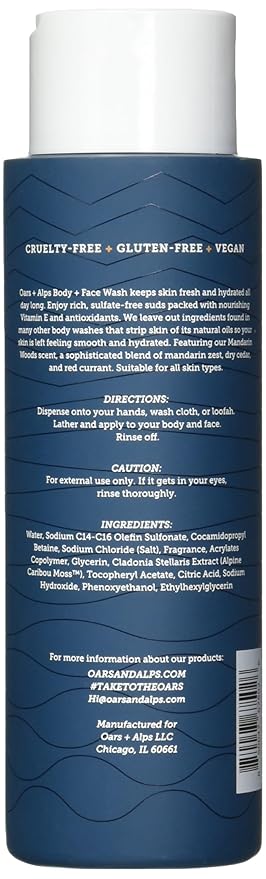 Oars + Alps Mens Moisturizing Body and Face Wash, Skin Care Infused with Vitamin E and Antioxidants, Sulfate Free, Mandarin Woods, 13.5oz, 1 Pack
