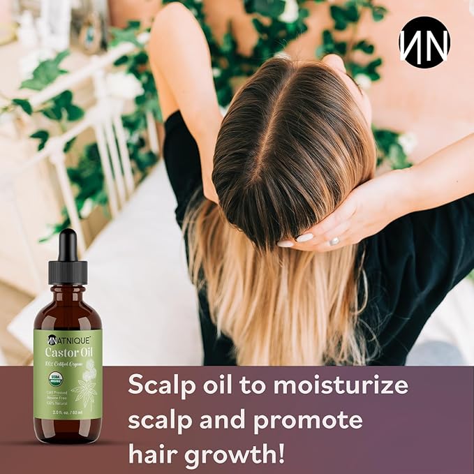 Natnique Castor Oil – USDA Certified Organic, 100% Pure Cold Pressed Unrefined Oil for Hair Growth, Eyelashes, Eyebrows & Scalp – Natural Skin Moisturizer, Lash Serum & Hair Treatment (2 Oz)