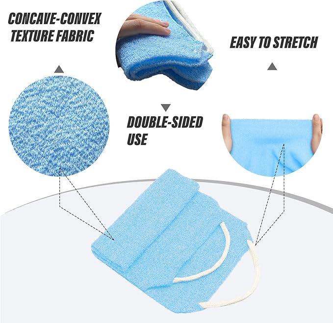 Inmorven Exfoliating Back Scrubber with Handles, Nylon Back Exfoliator, Two Sides Stretchable Pull Strap Shower Deep Cleans Skin Massages Invigorating Blood Circulation for Women Men Body (Bule)
