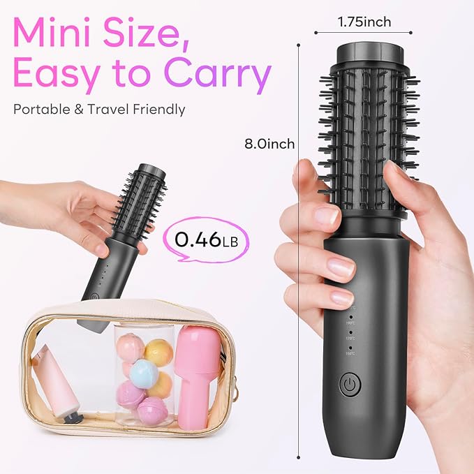 Cordless Curling Iron Brush, 2024 New Portable Travel Mini for Women, 7000Mah USB Rechargeable Wand With Negative Ion, Black