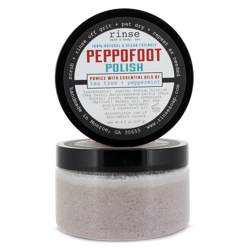 Rinse Bath & Body Peppofoot Peppermint Foot Scrub - Handmade Exfoliating Tea Tree Oil Cooling Foot Scrub w/Peppermint Essential Oil | Shea Butter & Avocado Oil | Cleansing & Refreshing| Natural | 4oz