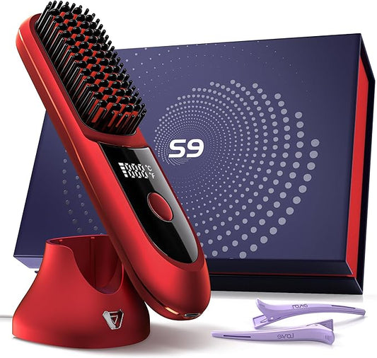 VELORlA Cordless Hair Straightener Brush with Charging Dock - LED Display,300M Negative lons & 3 Temps Fast Heating 320-392°F, Anti-Frizz Travel HaiStyler, Gift for Women (Garnet Red Pro+)
