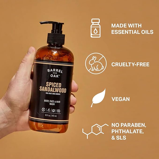 Barrel & Oak All-in-One Wash for Face, Hair, & Body, Vegan & Hydrating Face, Shampoo and Body Wash for Men, Grooming Kit Gifts for Men, Spiced Sandalwood, 16 oz