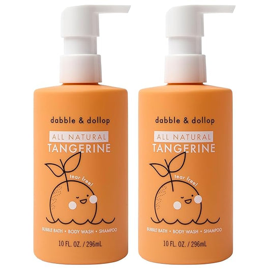 Dabble & Dollop All Natural Tangerine 3-in-1 Body Wash, Shampoo & Bubble Bath for Kids – Tear-Free, Gentle, Hypoallergenic, Vegan, No Parabens or Sulfates (10 fl oz, Pack of 2)