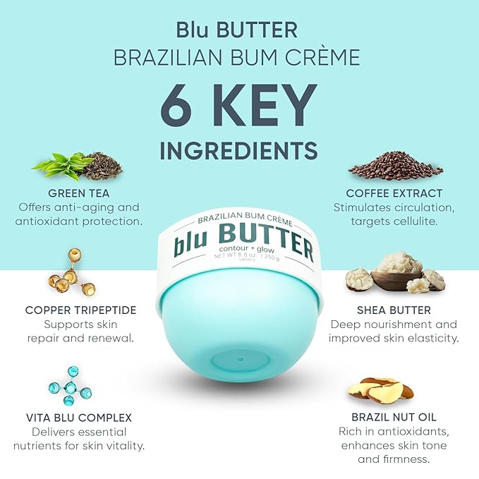 Martinni Blu Butter Brazilian Bum Crème – 8.8oz | Cellulite Cream for Firming, Hydrating & Contouring | Smoothing Body Butter with Brazil Nut, Shea Butter & Vita Blu Complex | Lifts, Tightens