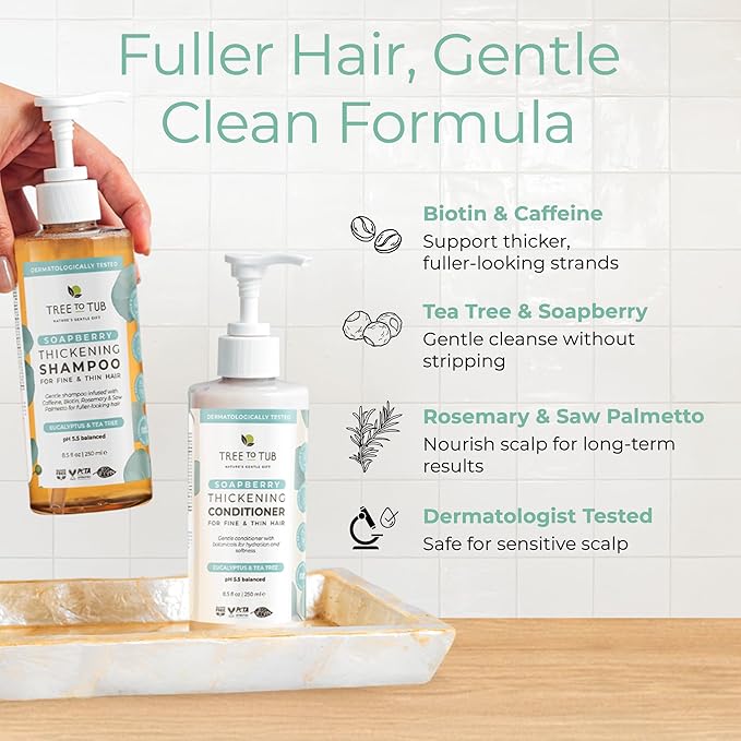 Tree To Tub Volumizing Biotin Shampoo and Conditioner Set - Activating Caffeine for Fuller Hair, Thickening Shampoo and Conditioner for Women & Men, Sulfate Free w/Natural Soapberry Organic Argan Oil