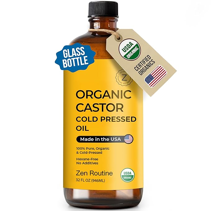 Zen Routine Organic Castor Oil 32oz Cold Pressed Unrefined Glass Bottle – Aceite de Ricino Hair Growth Oil for Hair, Lashes & Castor Oil Packs – USDA Certified, Made in USA