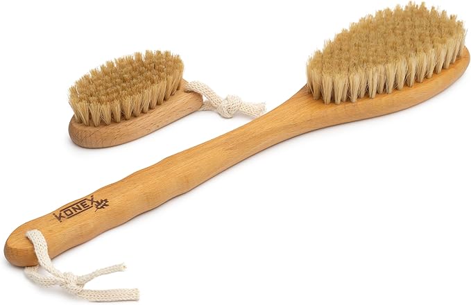 KONEX Bath Brush Set, Exfoliating Shower Scrubber, Dry Brushing Body Brush Set, Pore Opening, Beechwood Handle with Natural Bristle Large 15" Plus Small Face Brush