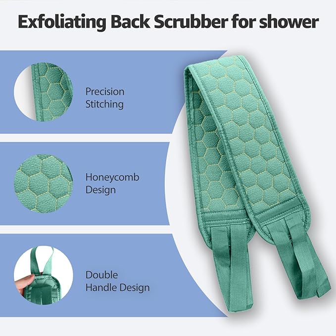 Back Scrubber for Shower with Handles, 40 Inch Extra Long Double-Sided Exfoliating Bath Strap, Textured Body Washer with Extended Reach for Deep Cleaning (Green)