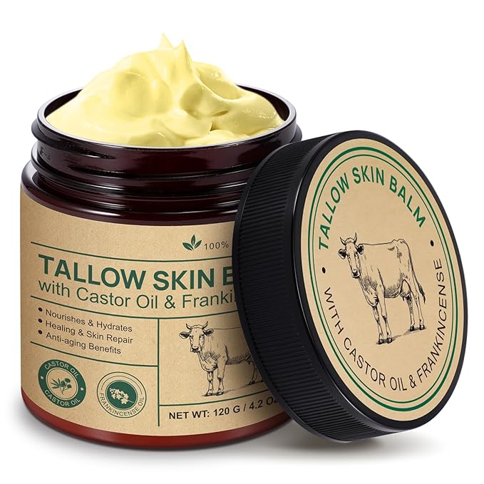 Beef Tallow Balm with Castor Oil & Frankincense – 100% Grass-Fed Beef Tallow Moisturizer for Face & Body Care – Nourishing Skin Balm to Repair Dry Skin, 4.2 oz