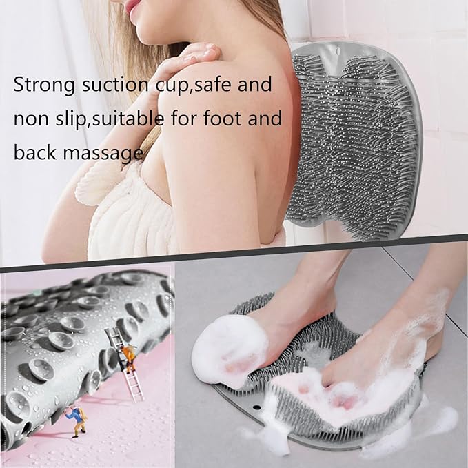 Shower Foot and Back Scrubber Mat,Wall Mounted Shower Foot Scrubber with Suction Cups,Exfoliating Silicone Massage Foot Cleaner for Shower(Grey)