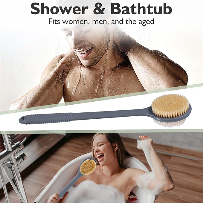 VANZAVANZU 17 Inch Anti-Slip Long Handle Back Scrubber for Shower – Dual-Sided Shower Brush and Shower Back Scrubber with Soft and Stiff Bristles for Wet or Dry Brushing (Gray)