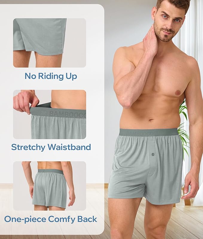 BAMBOO COOL Soft Men's Boxer Shorts 3 Pack,Silk Feeling Underwear for men with Button Fly,Breathable Loose Fit Boxers