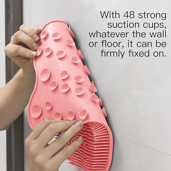 Grey TPR Sower Scrubbing Mat with Suction Cups Soft, Non-Slip Design for Foot and Back Massage Perfect for Full-Body Cleansing and Comfort Pink