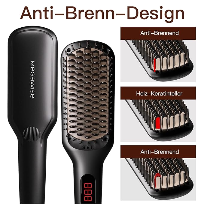 MEGAWISE Pro Ceramic Ionic Hair Straightener Brush for Home Salon, Straightening Hair Brush with 20s Heating Tech, Auto-Off, Anti-Scald with Universal Dual Voltage,Rotatable Power Cord, Black