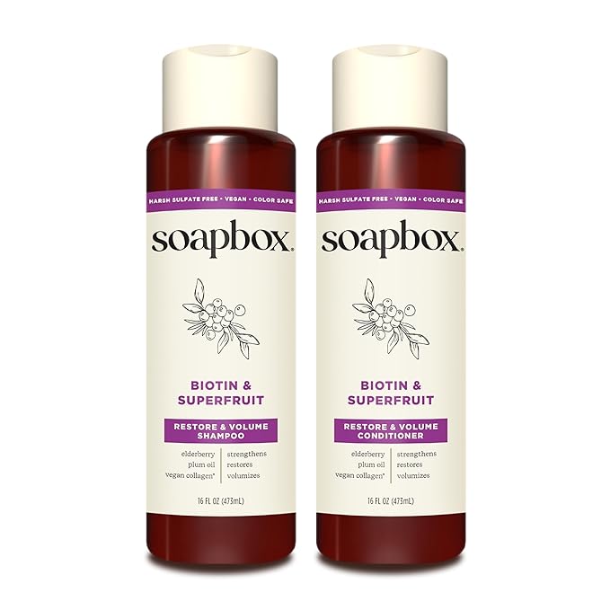 Soapbox Biotin & Superfruit Shampoo & Conditioner Set with Vegan Collagen, Aloe and Shea Butter, Pack of 2 Harsh Sulfate Free, Paraben & Silicone Free, 16 Ounces Each