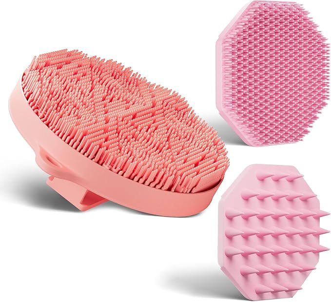 3 Soft Silicone Skin Scrubbers - Body Scrubber Exfoliating Brush Bath Shower Tool, with Gentle Manual Face Cleansing Wash Scrubber, with Hair Scalp Massager Shampoo Brush (Pink)