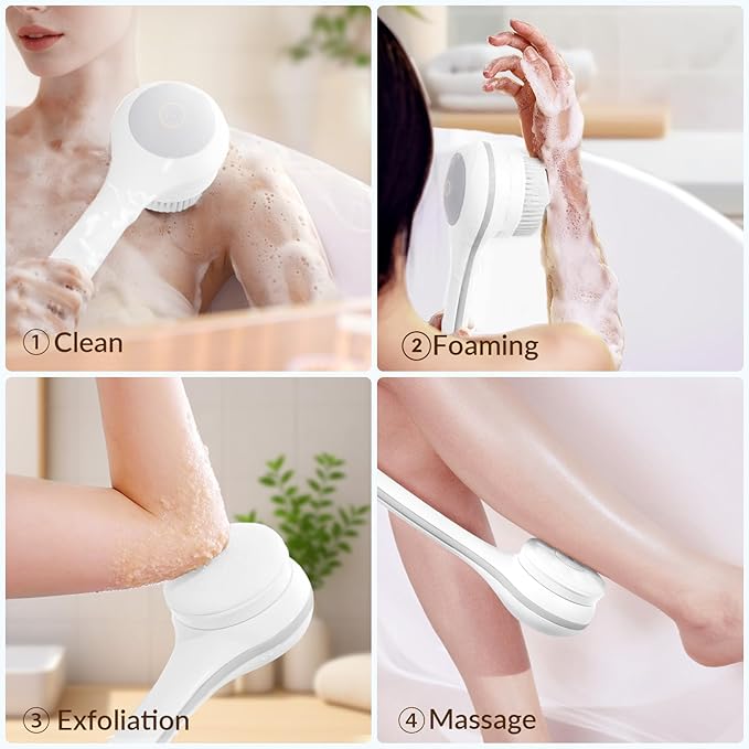 Electric Body Brush Back Scrubber for Shower, Waterproof Long Dual Handle Power Body Scrubber with 3 Heads, Rechargeable Bath Brush & 2 Speeds, for Cleansing, Exfoliating and Massaging Skin