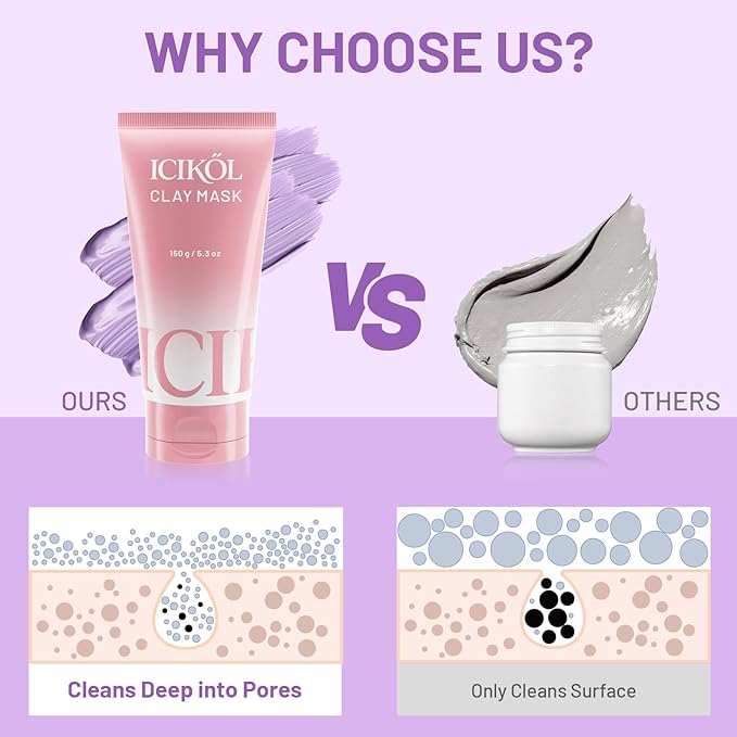 Deep Cleansing Purple Clay Mask for Face with Lavender, Glow Mud Mask to Balance Oil and Moisture, Minimize Blackheads, Soothing Care Pore Cleansing Mask with Brush